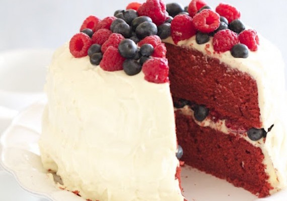 Red Velvet Cake with Raspberries and Blueberries